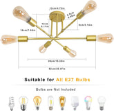 Gold ceiling light fixture with measurements and compatibility for E27 bulbs on a white background.